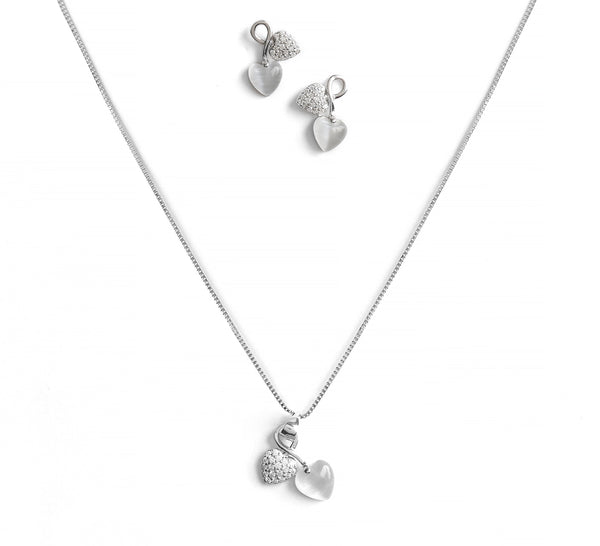 Double Heart Crystal Pendant Necklace Set