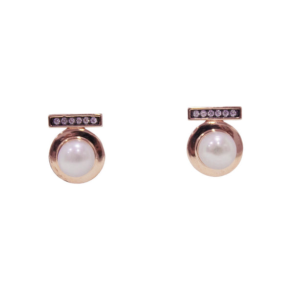 Elegant Pearl & Diamond Stud Earrings – Rose Gold Finish