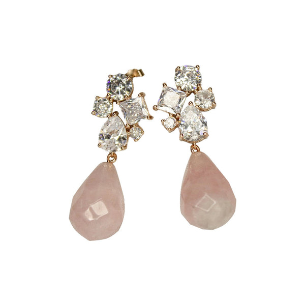 Crystal and Rose Quartz Drop Earrings - RoseGold