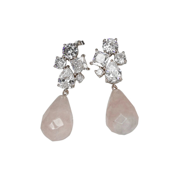 Crystal and Rose Quartz Drop Earrings - Silver