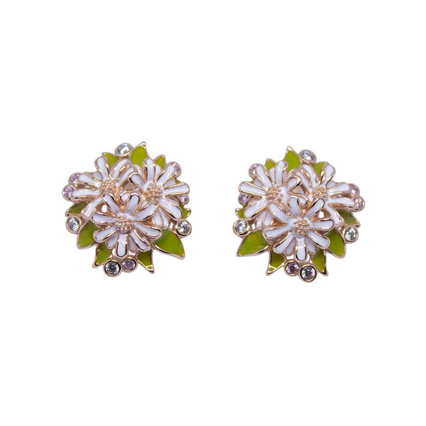 Floral Bloom Stud Earrings – White & Gold with Crystal Accents