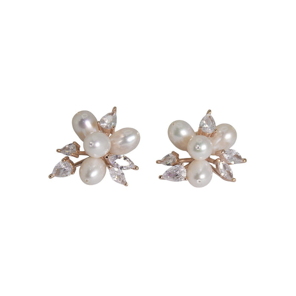 Elegant Pearl & Zirconia Floral Stud Earrings – Gold & Silver Options