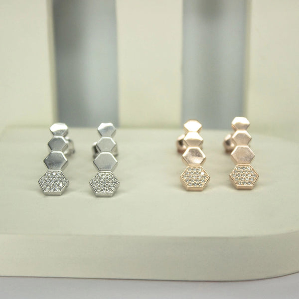 Hexagonal Geometric Drop Earrings – Silver & Rose Gold