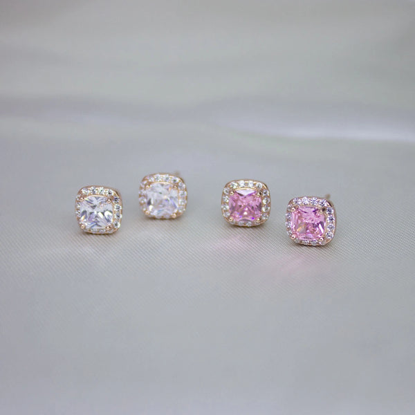 Elegant Cushion-Cut Halo Stud Earrings – Set of Two