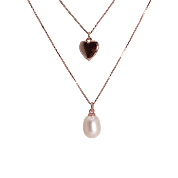 Double Layer Heart & Pearl Pendant Necklace