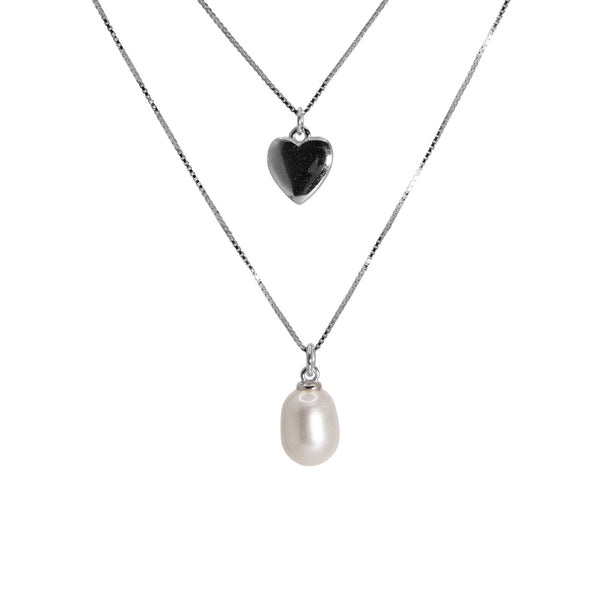 Double Layer Heart & Pearl Pendant Necklace