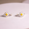 Daisy Flower Clip-On Earrings – Enamel & Silver Finish