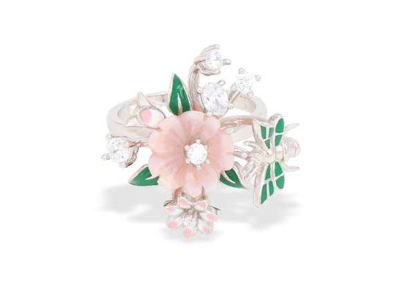 Floral Butterfly Ring with Enamel Detailing & Cubic Zirconia – 925 Sterling Silver