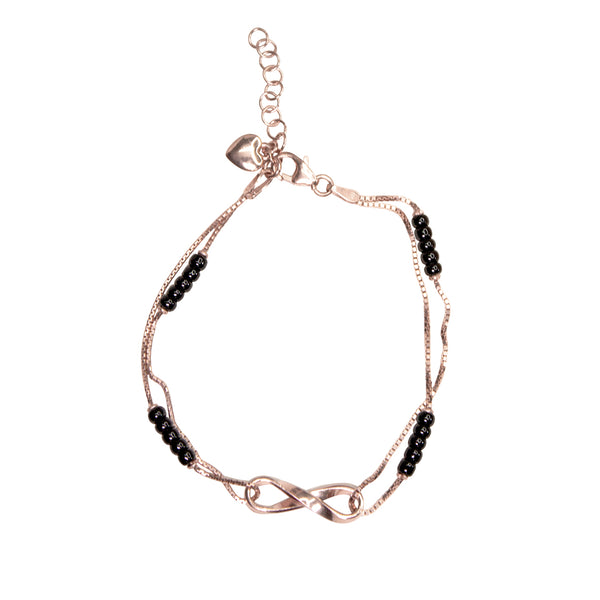 Elegant Rose Gold Infinity Bracelet with Black Beads
