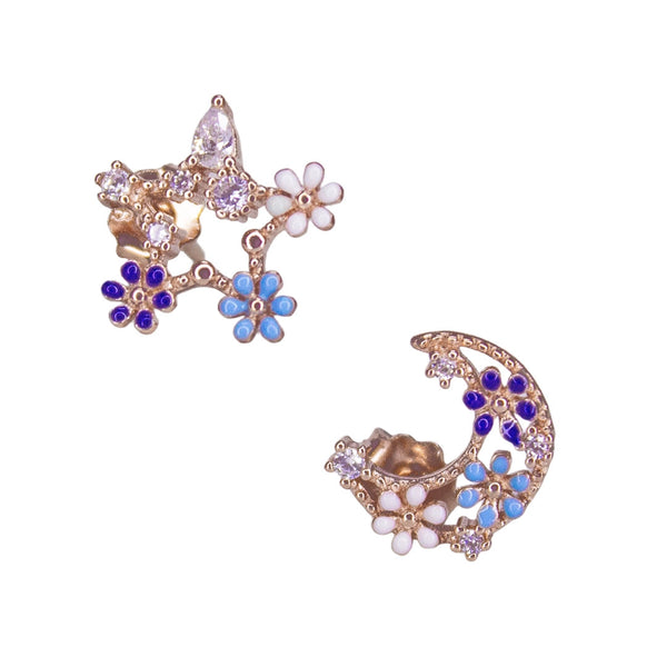 Moon & Star Floral Mismatched Stud Earrings