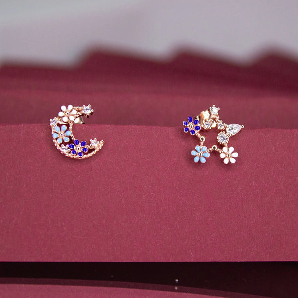 Moon & Star Floral Mismatched Stud Earrings