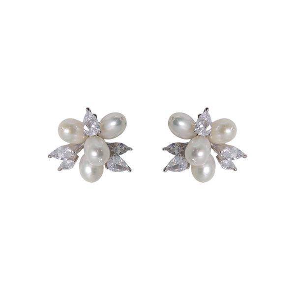 Elegant Pearl & Zirconia Floral Stud Earrings – Gold & Silver Options