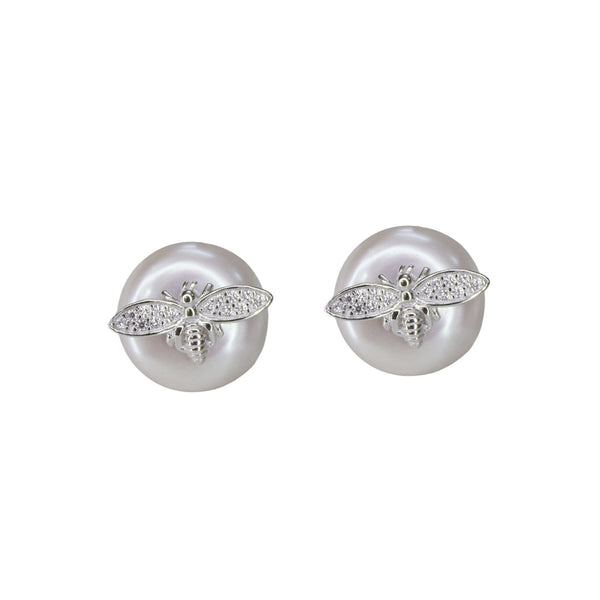 Elegant Pearl & Crystal Bee Stud Earrings