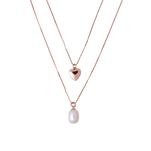 Double Layer Heart & Pearl Pendant Necklace