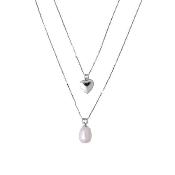 Double Layer Heart & Pearl Pendant Necklace