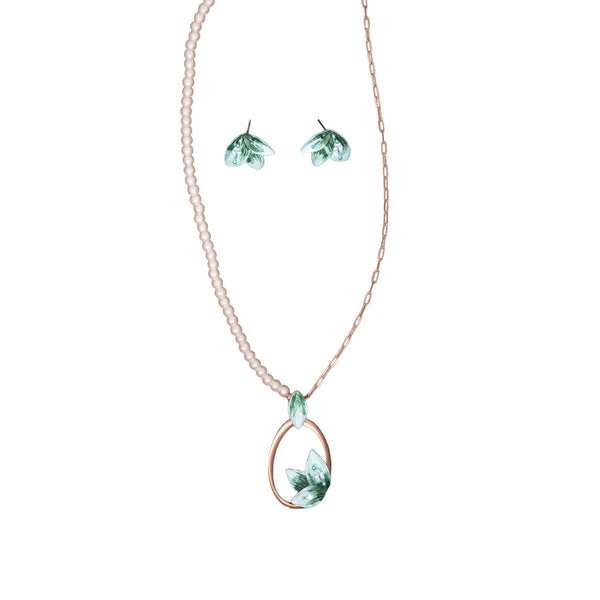 Enamel Leaf Pearl Pendant Necklace Set