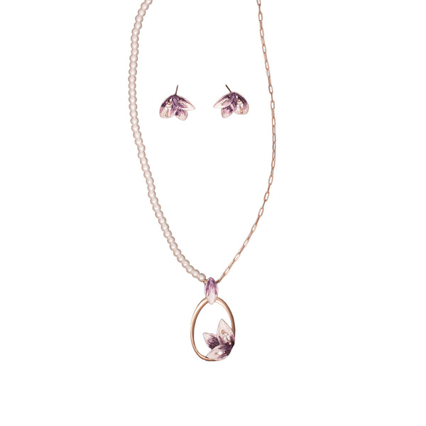 Enamel Leaf Pearl Pendant Necklace Set