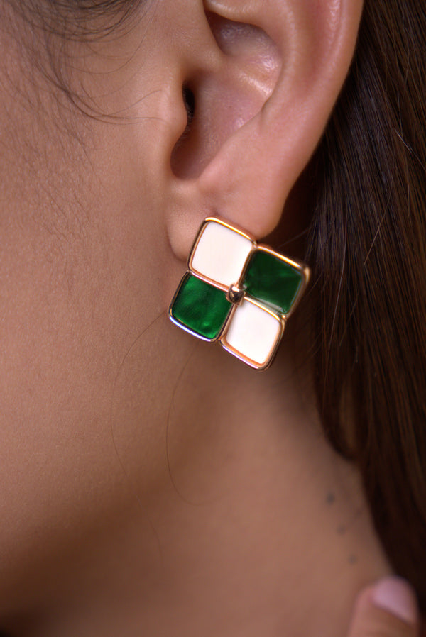 Emerald Clover Enamel Stud Earrings