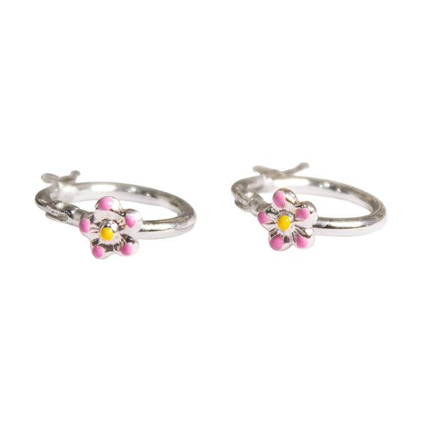 Silver Floral Hoop Earrings – Enamel Daisy Charm