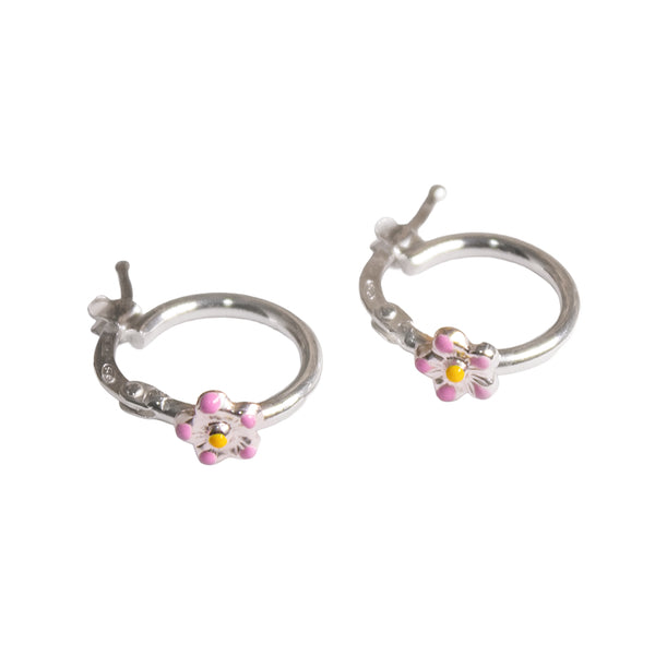 Silver Floral Hoop Earrings – Enamel Daisy Charm