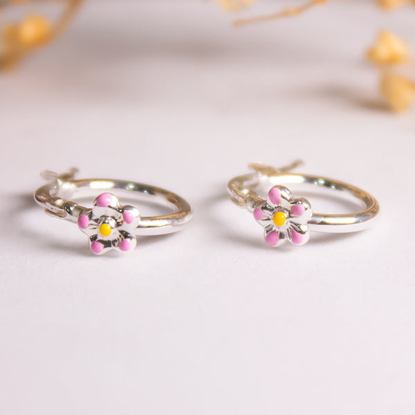 Silver Floral Hoop Earrings – Enamel Daisy Charm