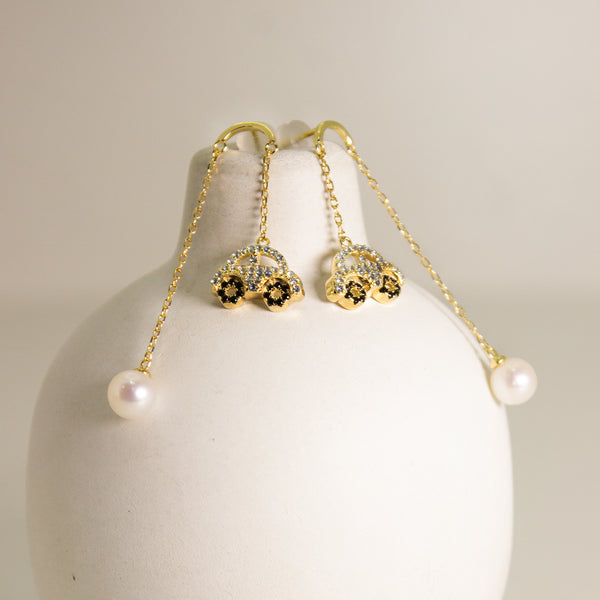 Gold Car & Pearl Dangle Earrings – Playful Elegance