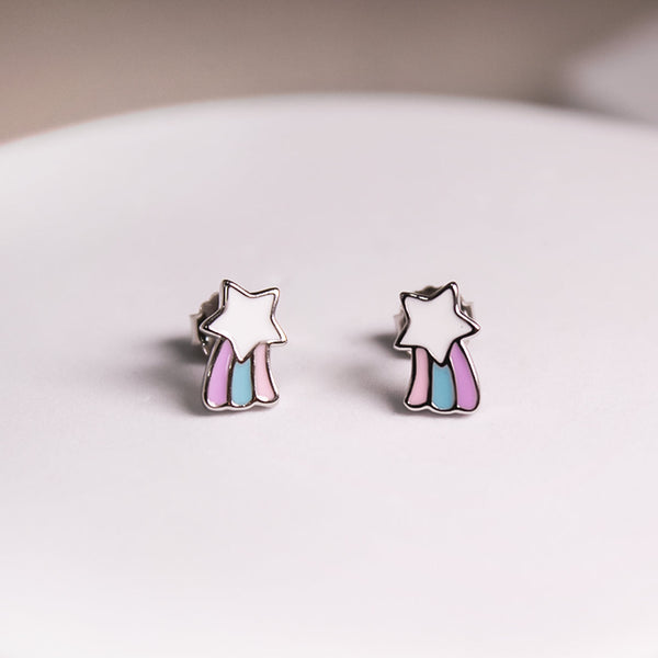 Kids Shooting Star Enamel Earrings - Silver
