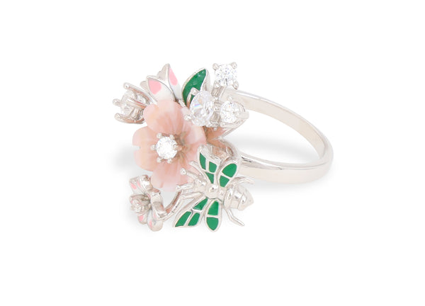 Floral Butterfly Ring with Enamel Detailing & Cubic Zirconia – 925 Sterling Silver